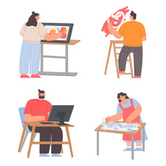 Art painters. Woman painting with paintbrush and palette, female and male characters graphic designers using desktop computer