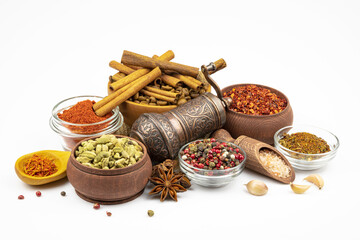Assortment of spices and spices isolated on a white background.