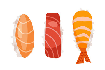 Japan food. Fresh sushi set isolated on white background. Asian sushi with rice ball and shrimp, salmon, tuna. Vector flat illustration For menu, recipe, cafe, restaurant. Japanese food
