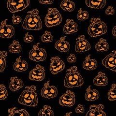 pattern drawn Halloween pumpkin with different faces. orange sketch on a black background