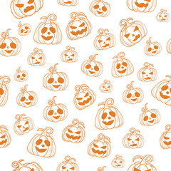 pattern drawn Halloween pumpkin with different faces. orange sketch on white