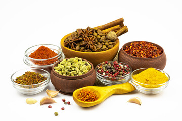 Assortment of spices and spices isolated on a white background.