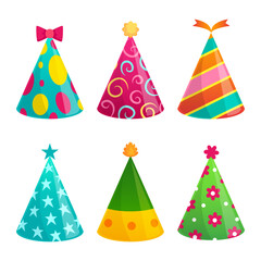 Cartoon birthday party caps. Colorful funny hats for event celebration. Holiday festive accessories with spots