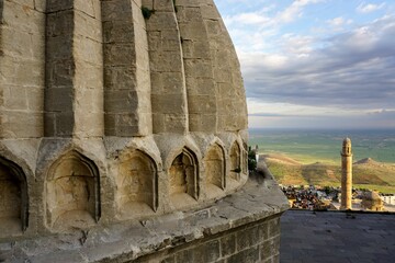 Aerial view of the Zinciriye Madrasah with the minaret of Ulu Cami in Mardin, Turkey