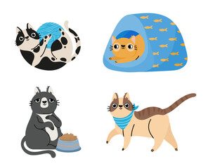 Cartoon cats. Cute animals sitting, lying in bed, walking and playing with ball of yarn. Pets eating and relaxing