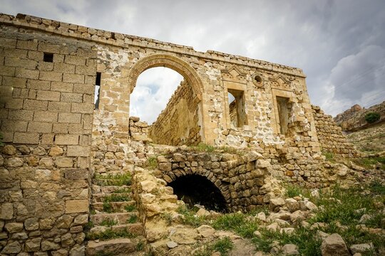 Low-angle view of the ruins of an old church in Derik Mardin, Turkey
