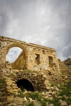 Vertical view of the ruins of an old church in Derik Mardin, Turkey