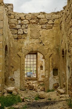 Vertical view of the interiors of the ruins of an old church in Derik Mardin, Turkey