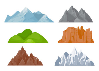 Cartoon mountains ridges. Nature landscape elements with snowy tops, green hills, stone cliffs. Outdoor wild areas