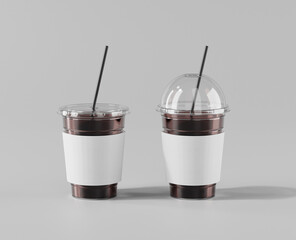 A realistic transparent disposable ice cup with a cup holder, Transparent plastic cup mockup with lid, Iced Americano, 3d rendering