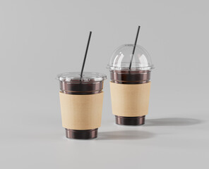 A realistic transparent disposable ice cup with a cup holder, Transparent plastic cup mockup with lid, Iced Americano, 3d rendering