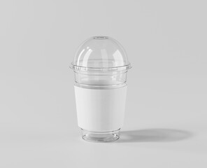 A realistic transparent disposable ice cup with a cup holder, Transparent plastic cup mockup with lid, 3d rendering