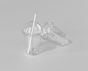 A realistic transparent disposable ice cup with, Transparent plastic cup mockup with lid, 3d rendering