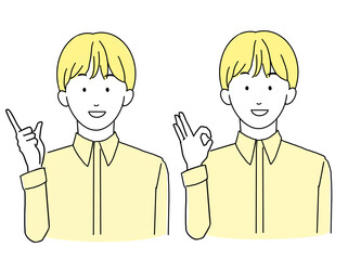 人物 OKポーズ・ポイントポーズの指差しをする男性のイラスト