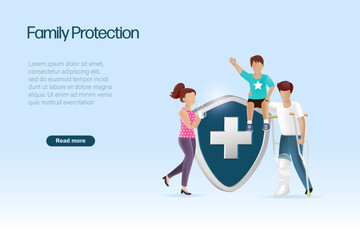 Accident insurance concept. Broken leg man with family holding medical shield. Rehabilitation and treatment protection service after accident for family. 3D realistic vector.