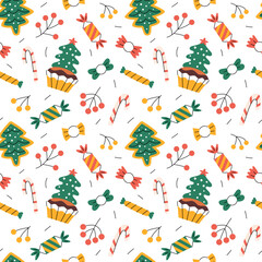 Seamless pattern with various Christmas sweets, cupcake, fir-tree cookie, holy tree berries