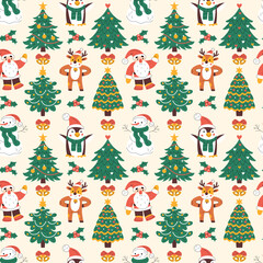 Seamless pattern with various Christmas characters, Santa Claus, reindeer, snowman, penguin and decorated fir-trees