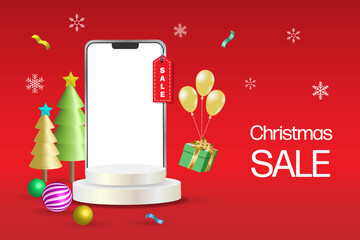 Merry Christmas sale. Product display podium on blank smartphone screen with christmas tree and decorative ornaments.