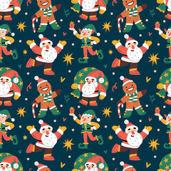 Seamless pattern with various Christmas characters, Santa Claus, elf, gingerbread man
