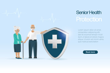 Senior couple with medical insurance shield for health, life and accident protection. Medical and healthcare insurance planning for elderly wellbeing, healthy aging concept.
