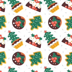 Seamless pattern with various Christmas sweets, pudding, cupcake, fir-tree cookie