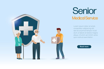 Deliveryman sending medical box to senior couple. Medical insurance service and treatment for elderly health, life and accident protection for senior wellbeing and healthy aging.