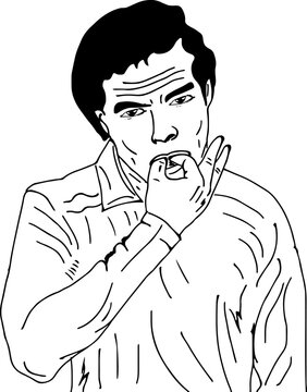 man doing whistles with fingers in his mouth, whistling on thumb and index finger sketch drawing vector illustration, hand whistle clip art