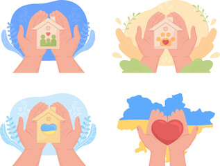 Saving ukrainian animals and families 2D raster isolated illustration set. Relief organization flat first view hand on cartoon background. Colourful scene collection for mobile, website, presentation