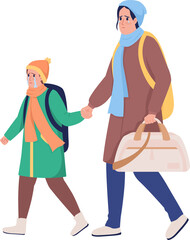 Mother with son running away from war semi flat color raster characters. Crying figures. Full body people on white. Simple cartoon style illustration for web graphic design and animation
