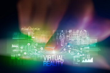 Finger touching tablet with web technology icons concept