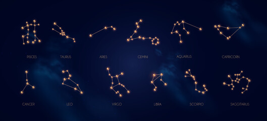 Zodiac constellations set with 3D gold stars.
