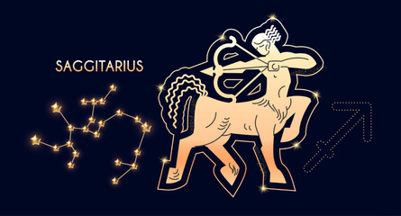 Sagittarius. Zodiac sign, beast and connstellation oh blue background