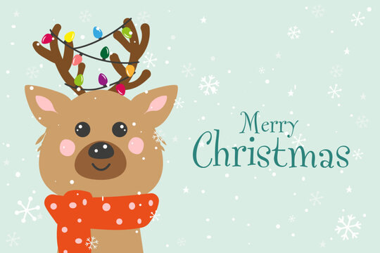 New year christmas card with cute deer and garland on the antlers