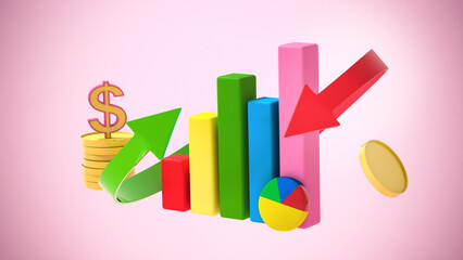 Multicolored chart columns surrounded by red and green arrows, stylized coins and dollar symbol on a pink background 3D rendering. Financial concept. Currency market