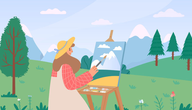 Female artist painting summer nature. Woman in hat sitting outdoor on green lawn and drawing mountains landscape