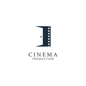 Door film maker logo design. Film strip with door vector illustration for movie studio production graphic template.
