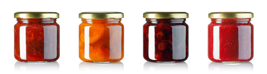 set of jam in small glass jars with metallic lids isolated on white