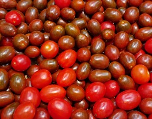 Fondo con detalle y textura de multitud de tomates cherry con tonos rojos y verdosos
