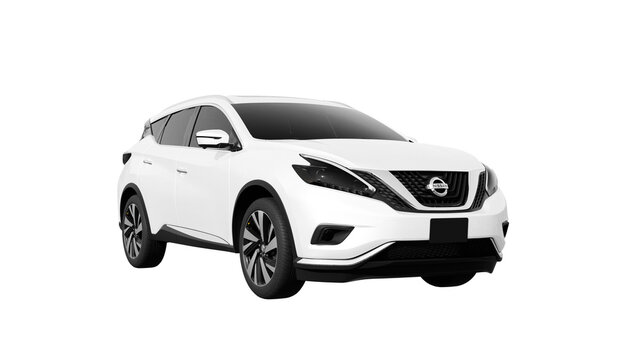front view of white car isolated on white, NISSAN MURANO png transparent background 3d rendering