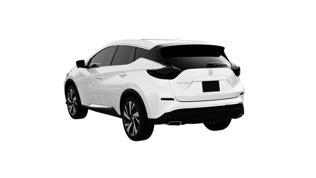 back view of white car isolated on white, NISSAN MURANO png transparent background 3d rendering