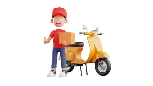 courier character doing thumbs up pose with yellow motorcycle. 3d animation