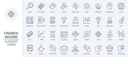 Fototapeta na wymiar Money income and expenses, global finance thin line icons set vector illustration. Abstract outline cash flow, bank agreement and accounting, wallet savings and security of banking mobile app