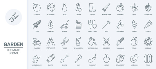 Garden tools and cultivation of agriculture harvest thin line icons set vector illustration. Abstract outline gardening works and equipment to care grass on lawn, grow farm vegetables and fruit