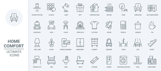Naklejka na ściany i meble Furniture and equipment, home elements thin line icons set vector illustration. Abstract outline house interior design, apartment furnishing symbols for living room, bedroom, kitchen and bathroom