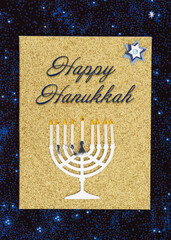 Happy Hanukkah greeting card with menorah on stars