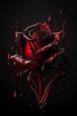 Fotobehang Gotische roos druipend in rode vloeibare ultrazwarte schaduwtonen zwarte bloedige roos als achtergrond © Bradley