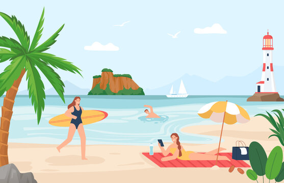 People at beach. Female and male characters on vacation having different activities. Woman sunbathing, man swimming