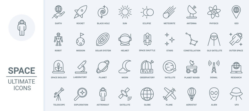 Space travel, universe research technology thin line icons set vector illustration. Abstract outline astronaut and spaceship, moon and solar system planets, futuristic observatory and telescope