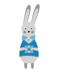 Rabbit is holding holiday gift box. Isolated vector illustration. Hare dressed in blue clothes. Bunny with bow on his neck.