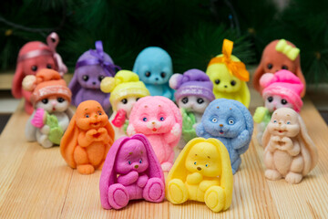 A set of Bunnies and rabbits is a symbol of the new year 2023. Handmade soap.